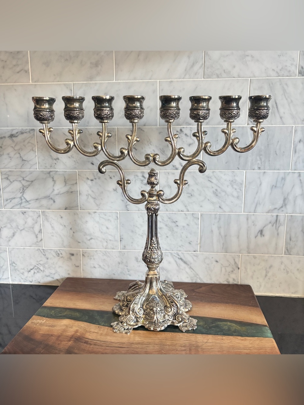 Vintage Ornate 12.75” Silver Plated Menorah, 8-Arm Candelabrum / Candelabra